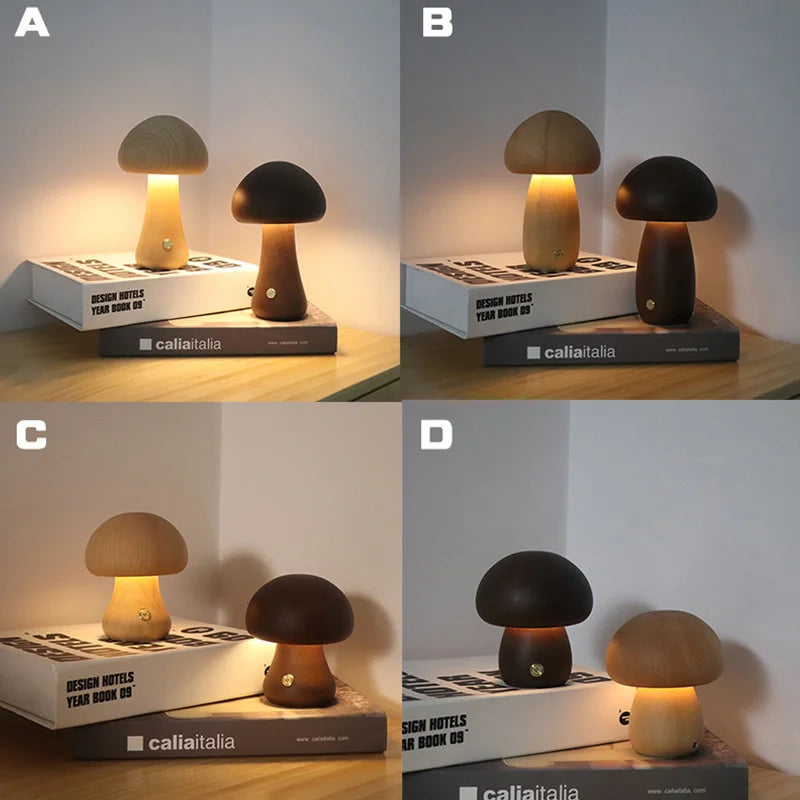 Lampe de Chevet Champignon Bois – Tactile & Rechargeable