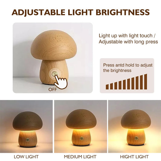Lampe de Chevet Champignon Bois – Tactile & Rechargeable
