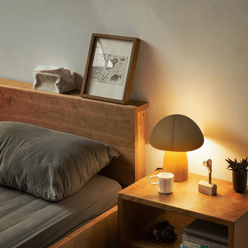 Lampe de Chevet Champignon Bois – Tactile & Rechargeable