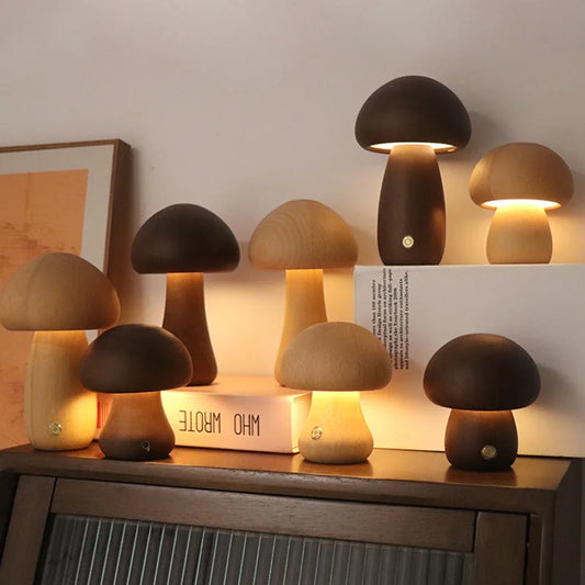 Lampe de Chevet Champignon Bois – Tactile & Rechargeable