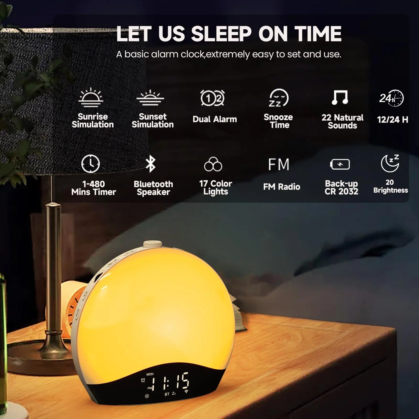 Réveil Simulateur d’Aube avec Lumière, Bluetooth et Radio FM